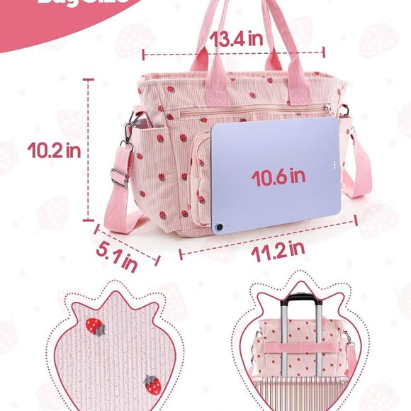 Strawberry Tote Bag Bow Bag With Multi Pocket Women Girls Crossbody Corduroy Han - Picture 7 of 7